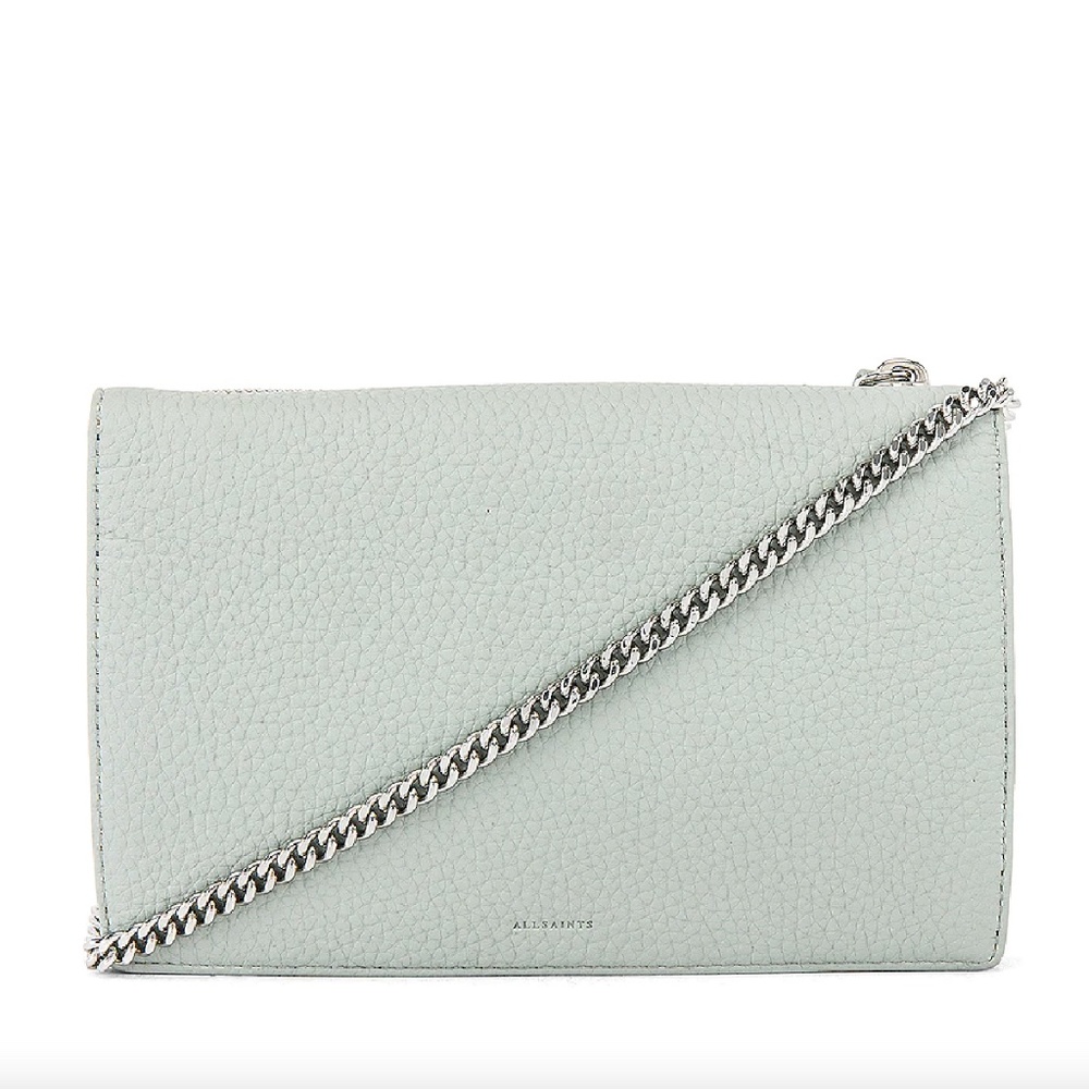 NWT $228 AllSaints FETCH LEATHER CHAIN WALLET CROSSBODY BAG in Sky Blue!